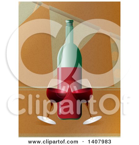 Clipart of a 3d Bottle and Glasses of Red Wine Toasting over a Brown Paper Bunting Background - Royalty Free Vector Illustration by elaineitalia