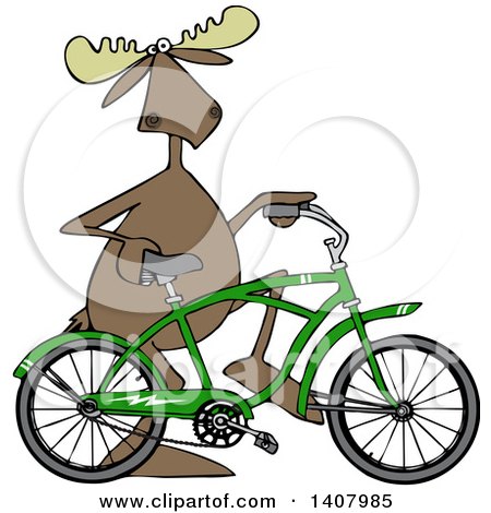 Clipart of a Cartoon Moose Pushing a Green Bicycle - Royalty Free Vector Illustration by djart
