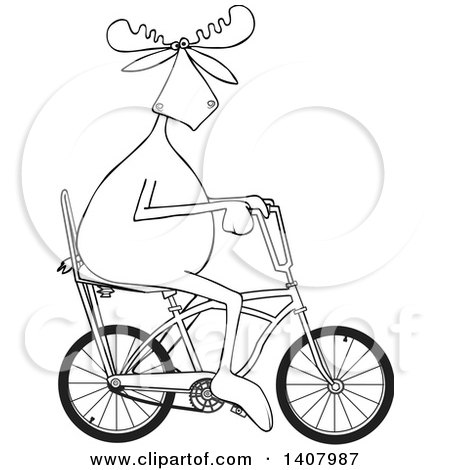 Clipart of a Cartoon Black and White Lineart Moose Riding a Stingray Bicycle - Royalty Free Vector Illustration by djart