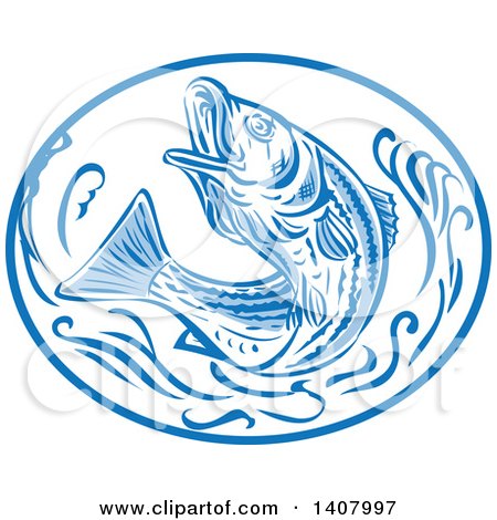 Clipart of a Retro Sketched Striped Bass Rockfish Jumping in a Blue and White Oval - Royalty Free Vector Illustration by patrimonio
