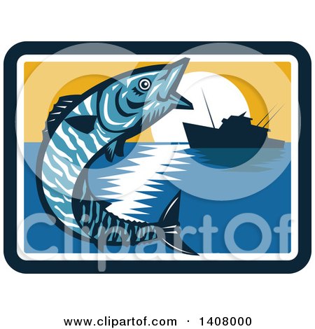 Clipart of a Retro Wahoo Scombrid Fish Jumping near a Silhouetted Fishing Boat at Sunset - Royalty Free Vector Illustration by patrimonio