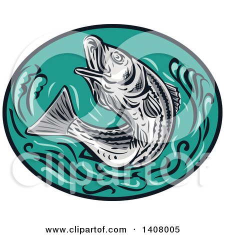 Clipart of a Retro Sketched Striped Bass Rockfish Jumping in a Black and Turquoise Oval - Royalty Free Vector Illustration by patrimonio