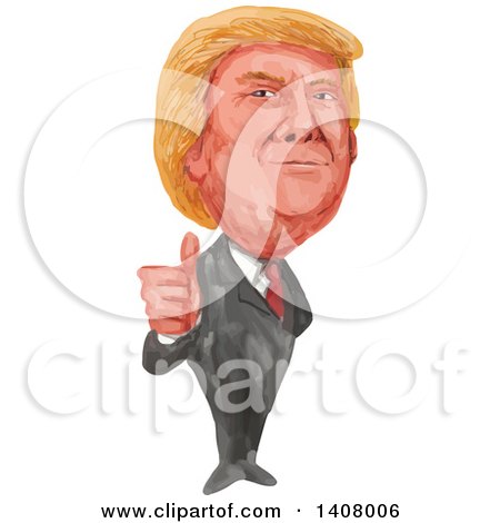 Clipart of a Watercolor Caricature of Donald Trump Giving a Thumb up - Royalty Free Vector Illustration by patrimonio