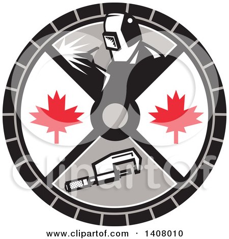 Clipart of a Retro Millwright Caliper, Welder, and Maple Leaves in a Circle - Royalty Free Vector Illustration by patrimonio