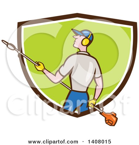 Clipart of a Retro Cartoon White Male Gardener Holding a Hedge Trimmer, Emerging from a Brown White and Green Shield - Royalty Free Vector Illustration by patrimonio