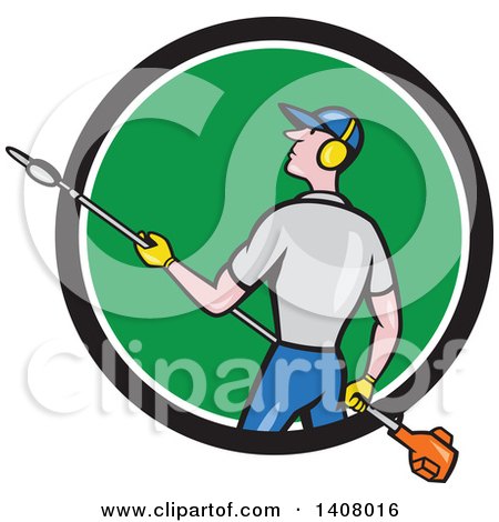 Clipart of a Retro Cartoon White Male Gardener Holding a Hedge Trimmer, Emerging from a Black White and Green Circle - Royalty Free Vector Illustration by patrimonio
