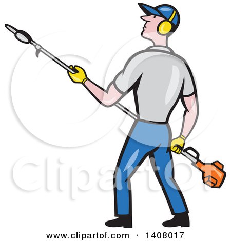 Clipart of a Retro Cartoon White Male Gardener Holding a Hedge Trimmer - Royalty Free Vector Illustration by patrimonio