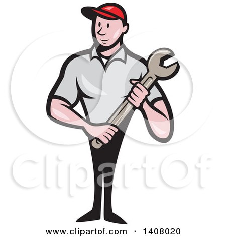 Clipart of a Retro Cartoon White Handy Man or Mechanic Standing and Holding a Spanner Wrench - Royalty Free Vector Illustration by patrimonio