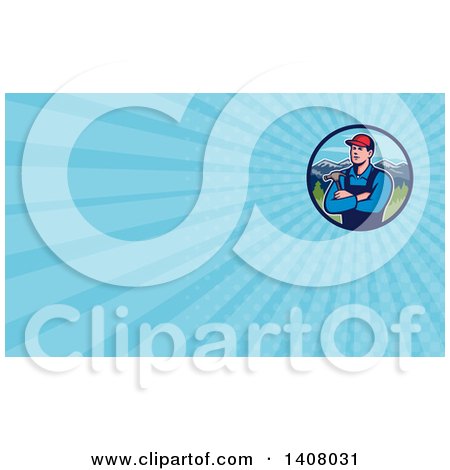 Clipart of a Retro Male Caucasian Carpenter with Folded Arms, Holding a Hammer in a Circle of Mountains and Blue Rays Background or Business Card Design - Royalty Free Illustration by patrimonio