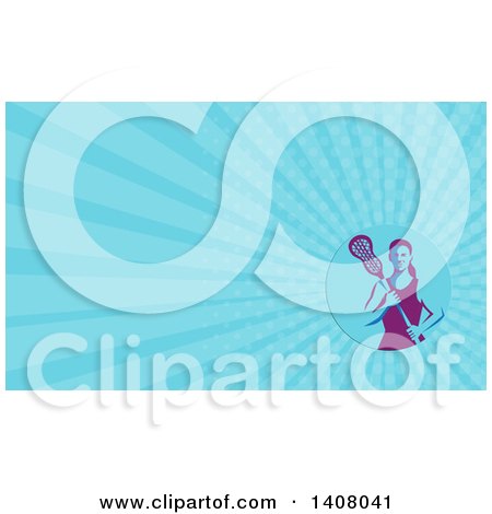 Clipart of a Retro Female Lacrosse Player Holding a Stick and Blue Rays Background or Business Card Design - Royalty Free Illustration by patrimonio