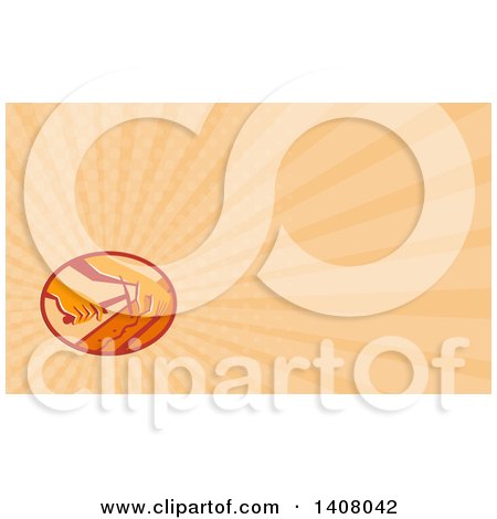 Clipart of a Retro Hands of a Furniture Upholsterer Using a Hammer and Orange Rays Background or Business Card Design - Royalty Free Illustration by patrimonio