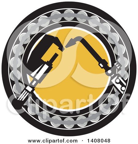 Clipart of a Retro Welding Torch and Caliper Set Inside Ball Bearing Circle - Royalty Free Vector Illustration by patrimonio
