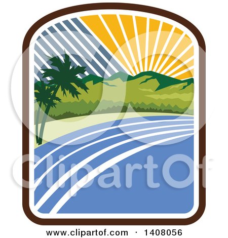 Clipart of a Retro Tropical Landscape with Palm Trees, Mountains and the Coast at Sunset or Sunrise - Royalty Free Vector Illustration by patrimonio