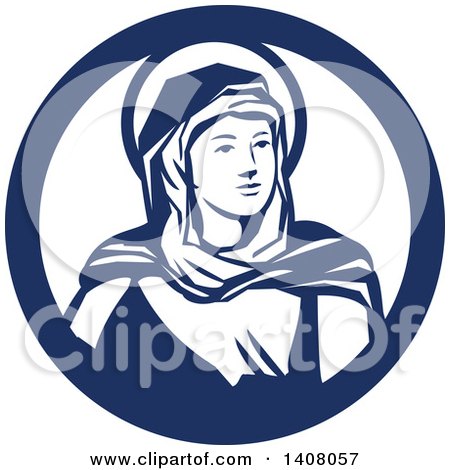 Clipart of a Retro Portrait of the Blessed Virgin Mary Looking to the Right Inside a Blue and White Circle - Royalty Free Vector Illustration by patrimonio