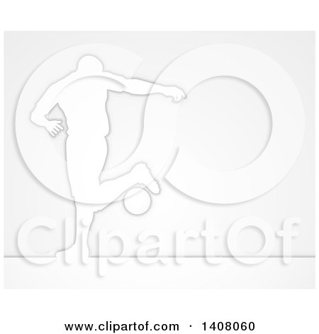 Clipart of a White Silhouetted Male Soccer Player in Action, Controlling the Ball, over Gray - Royalty Free Vector Illustration by AtStockIllustration