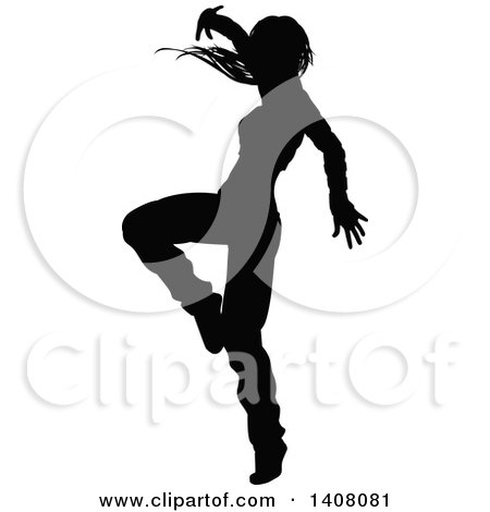 Clipart of a Black Silhouetted Female Hip Hop Dancer - Royalty Free Vector Illustration by AtStockIllustration
