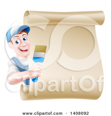 Clipart of a Happy Middle Aged Brunette White Male House Painter Holding a Brush Around a Scroll Sign - Royalty Free Vector Illustration by AtStockIllustration