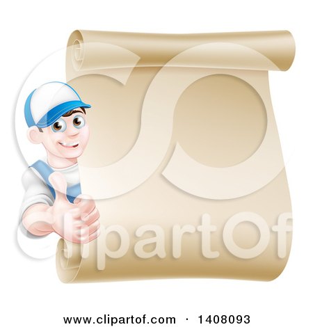 Clipart of a Happy Young Caucasian Mechanic Man in Blue, Giving a Thumb up Around a Blank Scroll Sign - Royalty Free Vector Illustration by AtStockIllustration