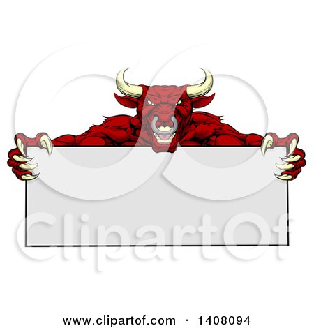 Clipart of a Vicious Mad Brown Bull Mascot with Claws, Holding a Blank Sign - Royalty Free Vector Illustration by AtStockIllustration
