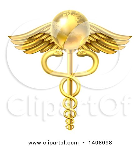 Clipart of a 3d Gold Globe and Medical Caduceus with Snakes on a Winged Rod - Royalty Free Vector Illustration by AtStockIllustration