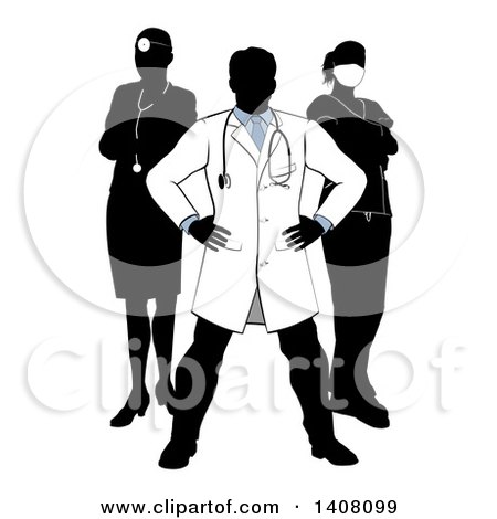 Clipart of a Faceless Silhouetted Male Doctor Wearing a Lab Coat, Standing with Hands on His Hips, with His Team Behind Him - Royalty Free Vector Illustration by AtStockIllustration