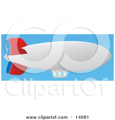 Red, Blue and White Airship With a Window Platform, Floating in a Clear Blue Sky Aviation Clipart Illustration by Rasmussen Images