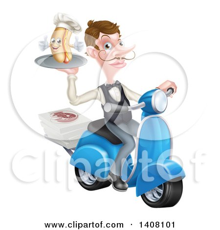 Clipart of a White Male Waiter with a Curling Mustache, Holding a Hot Dog on a Scooter, with Pizza Boxes - Royalty Free Vector Illustration by AtStockIllustration