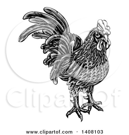 Clipart of a Black and White Woodcut Styled Rooster - Royalty Free Vector Illustration by AtStockIllustration