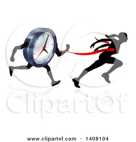 Clipart of a Silhouetted Woman Sprinting Through a Finish Line Before a Clock Character - Royalty Free Vector Illustration by AtStockIllustration