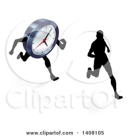 Clipart of a Silhouetted Man Racing a Clock Character - Royalty Free Vector Illustration by AtStockIllustration