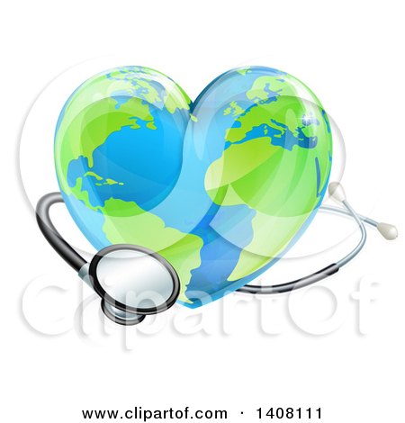 Clipart of a 3d Stethoscope Around a Heart Earth Globe - Royalty Free Vector Illustration by AtStockIllustration