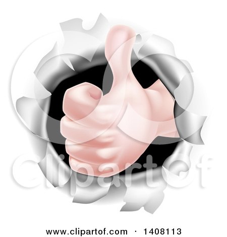 Clipart of a Caucasian Hand Giving a Thumb Up, Breaking Through a Hole - Royalty Free Vector Illustration by AtStockIllustration
