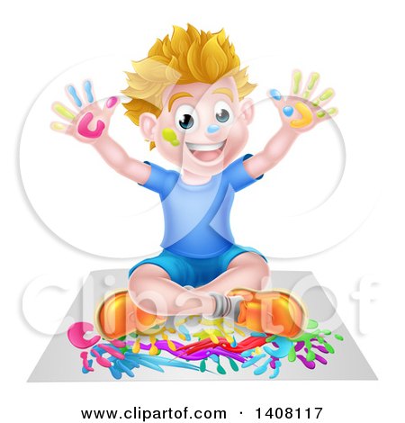 Clipart of a Cartoon Happy White Boy Sitting and Hand Painting Artwork - Royalty Free Vector Illustration by AtStockIllustration