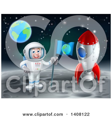 Clipart of a Astronaut with a Flag, Standing on the Moon by a Rocket with Earth in the Distance - Royalty Free Vector Illustration by AtStockIllustration