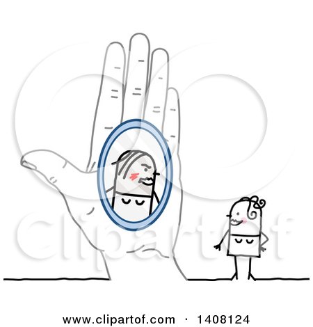 Clipart of a Hand Holding a Mirror with a Bad Reflection of a Woman - Royalty Free Vector Illustration by NL shop