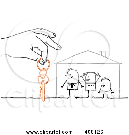 Clipart of a Hand Giving House Keys to a Stick Family - Royalty Free Vector Illustration by NL shop