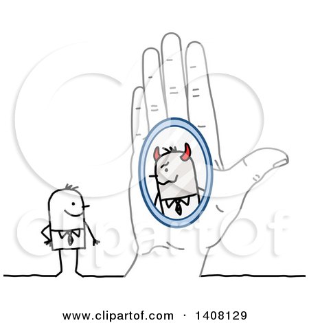 Clipart of a Hand Holding a Mirror with a Bad Reflection of a Stick Business Man - Royalty Free Vector Illustration by NL shop