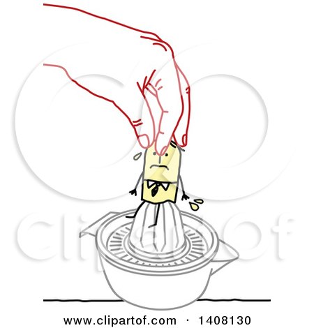 Clipart of a Hand Squishing a Stick Business Man on a Juicer - Royalty Free Vector Illustration by NL shop