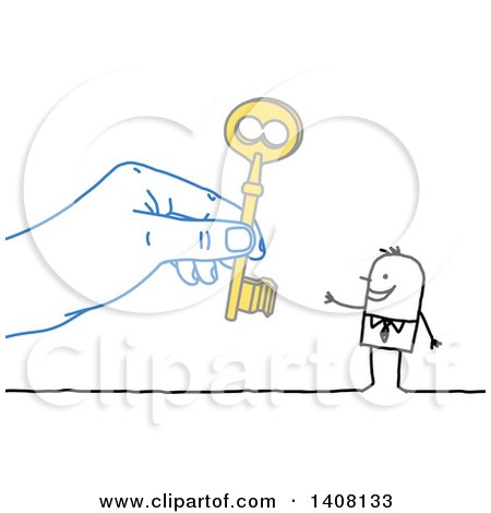 Clipart of a Hand Giving a Key to a Stick Business Man - Royalty Free Vector Illustration by NL shop