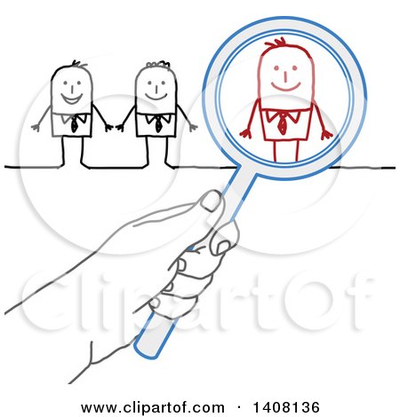 Clipart of a Hand Holding a Magnifying Glass over a Stick Business Man in a Group - Royalty Free Vector Illustration by NL shop