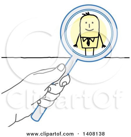 Clipart of a Hand Holding a Magnifying Glass over a Stick Business Man - Royalty Free Vector Illustration by NL shop