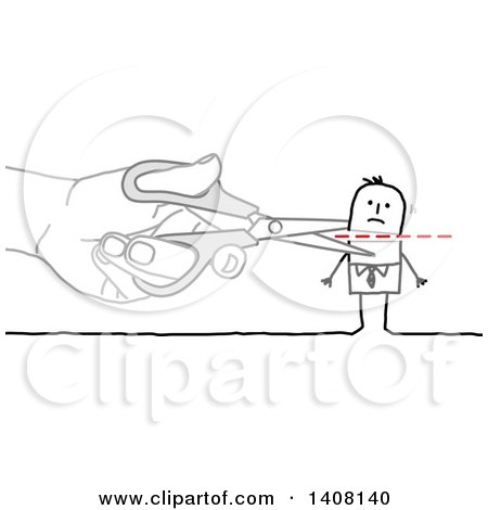 Clipart of a Hand Using Scissors to Cut a Stick Business Man's Head off - Royalty Free Vector Illustration by NL shop