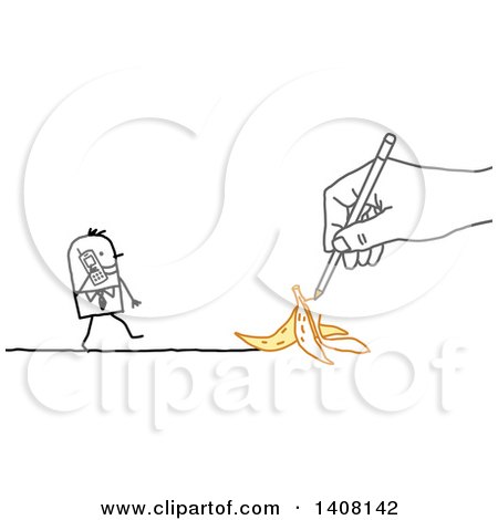 Clipart of a Hand Drawing a Stick Business Man Approaching a Banana Peel As He Talks on a Cell Phone - Royalty Free Vector Illustration by NL shop