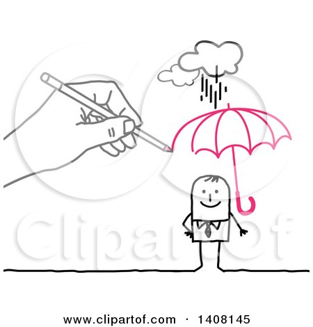 Clipart of a Hand Drawing a Sheltering Insurance Umbrella over a Stick Business Man - Royalty Free Vector Illustration by NL shop