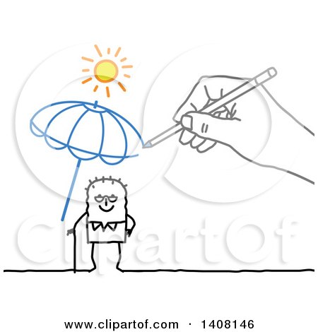 Clipart of a Hand Drawing a Sheltering Life Insurance Umbrella over an Old Stick Man - Royalty Free Vector Illustration by NL shop
