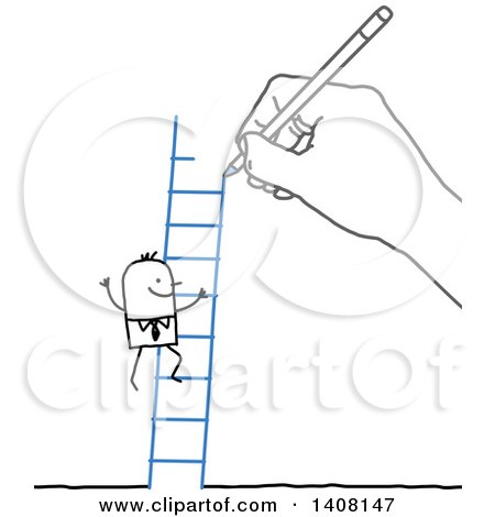 Clipart of a Hand Drawing a Stick Business Man Climbing a Ladder - Royalty Free Vector Illustration by NL shop