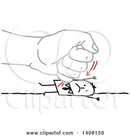 Clipart of a Gray Hand Punching a Stick Business Man into the Ground - Royalty Free Vector Illustration by NL shop