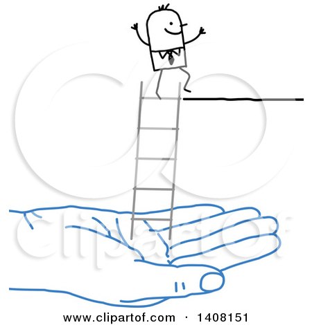 Clipart of a Blue Hand Holding a Ladder for a Stick Business Man - Royalty Free Vector Illustration by NL shop