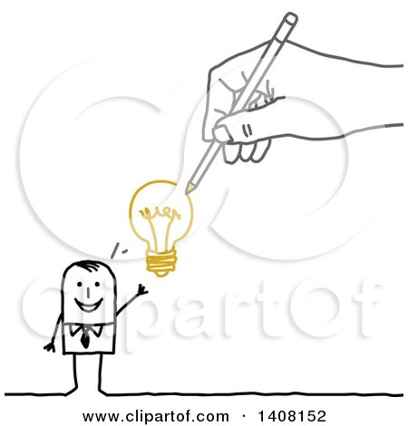 Clipart of a Hand Drawing a Stick Business Man with an Idea - Royalty Free Vector Illustration by NL shop