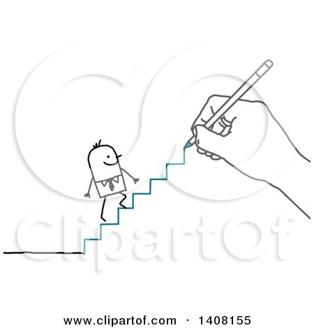 Clipart of a Hand Drawing a Stick Business Man Climbing Stairs - Royalty Free Vector Illustration by NL shop